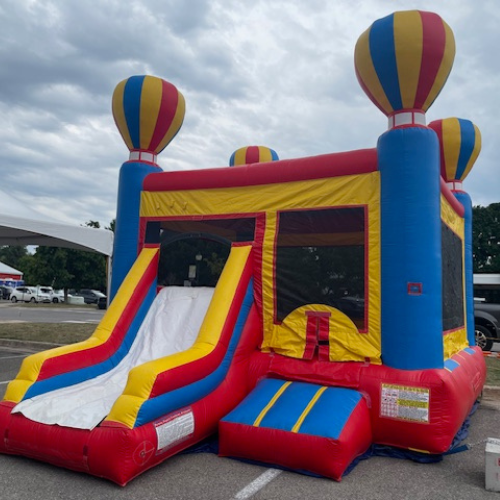 An inflated bounce house 